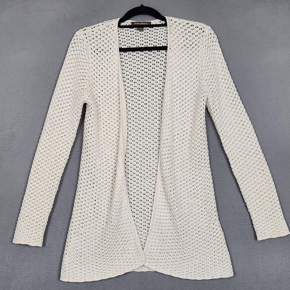 Tommy Bahama Sweater Womens Small Beige Cotton Rayon Open Knit Long Cardigan
